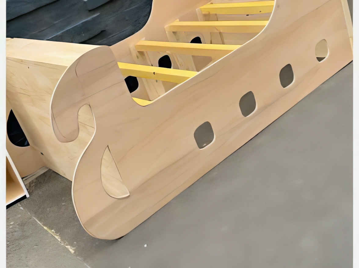 Une structure de lit d'enfant en forme de bateau (on voit l'avant en forme de proue ou de vagues).