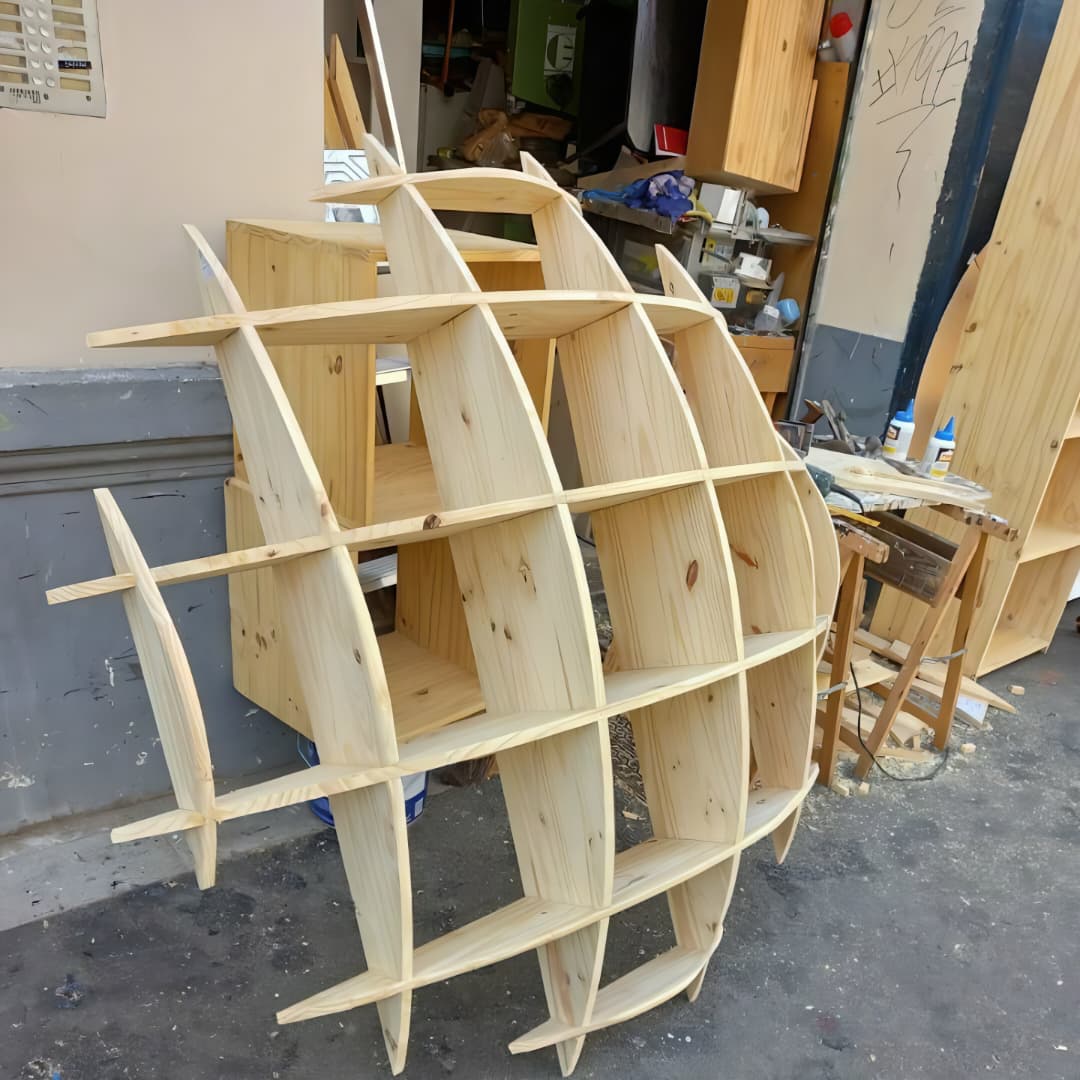 Une étagère design en forme de sphère (ou bibliothèque sphérique en bois), faite de structures emboîtées de style nid d'abeille.